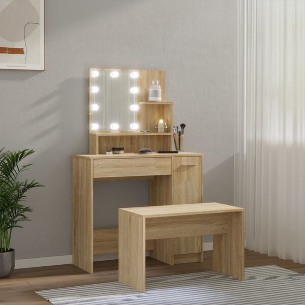 vidaXL Dressing Table Set with LED Sonoma Oak Engineered Wood