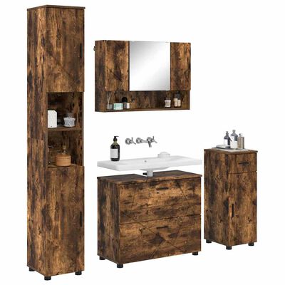 Rustic brown wooden bathroom storage set including tall cabinet, wall cabinet with mirror, vanity base, and tall slender side cabinet