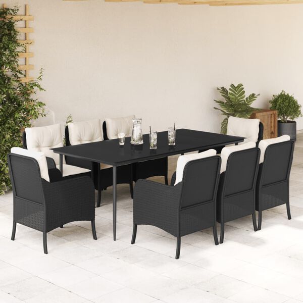 vidaXL 9 Piece Garden Dining Set with Cushions Black Poly Rattan
