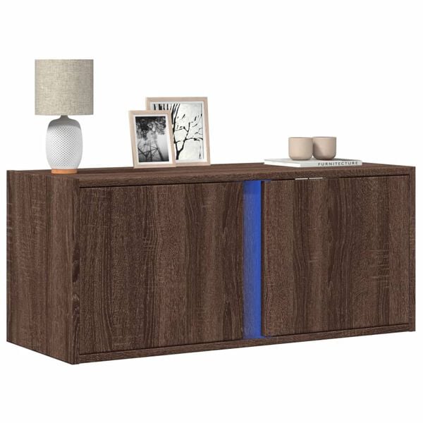 vidaXL TV Wall Cabinet with LED Lights Brown Oak 80x31x35 cm