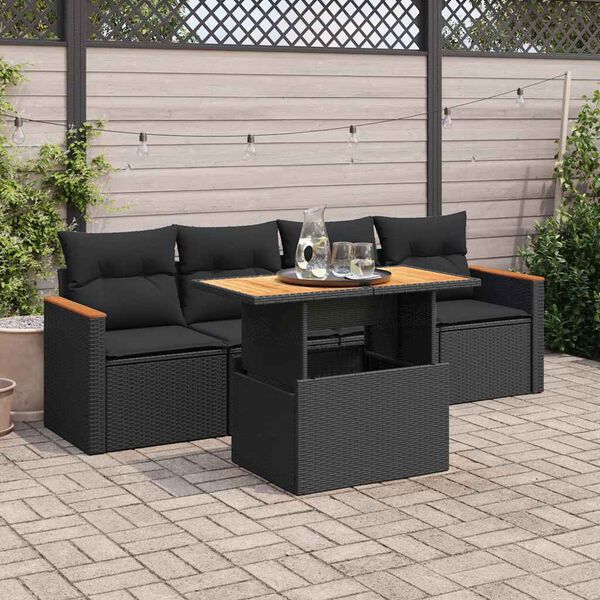 vidaXL 5 Piece Garden Sofa Set with Cushions Black Poly Rattan Acacia