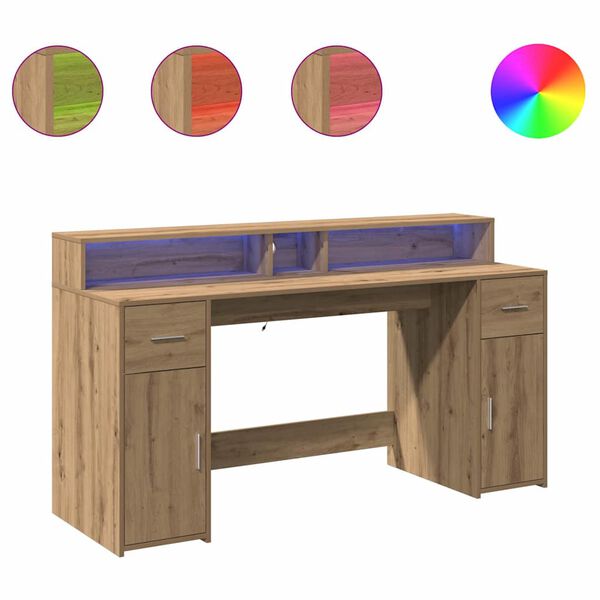 vidaXL Desk with LED Lights Artisian Oak 160x55x91 cm Engineered Wood