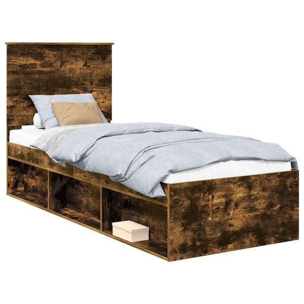 vidaXL Bed Frame with Headboard Smoked Oak 75 x 190 cm Solid Pine Wood
