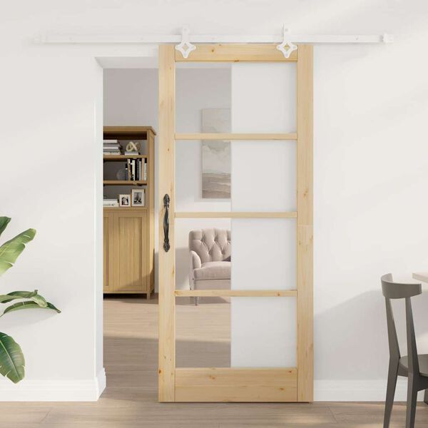 vidaXL Sliding Door Natural 86 x 198.5 cm Solid Pine Wood and Glass