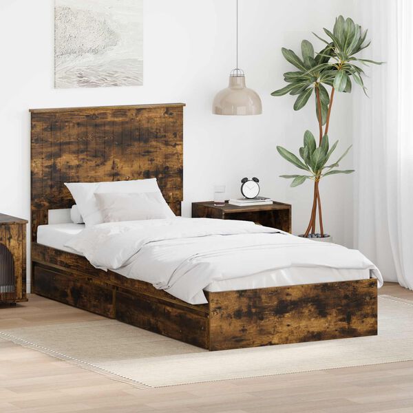 vidaXL Storage Bed with Drawer Smoked Oak 90 x 190 cm Engineered Wood
