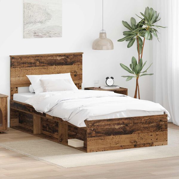 vidaXL Bed Frame with Headboard Old Wood 100 x 200 cm Solid Pine Wood