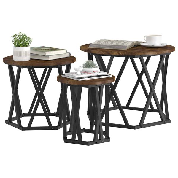 vidaXL Nesting Side Table 3 pcs Smoked Oak Engineered Wood and Steel