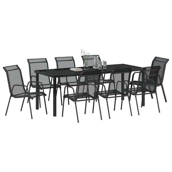 vidaXL Garden Dining Set 9 pcs Black Powder-Coated Steel