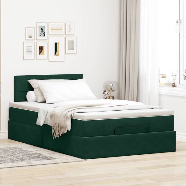 vidaXL Ottoman Bed with Mattress & LEDs Dark Green 120x200cm Velvet