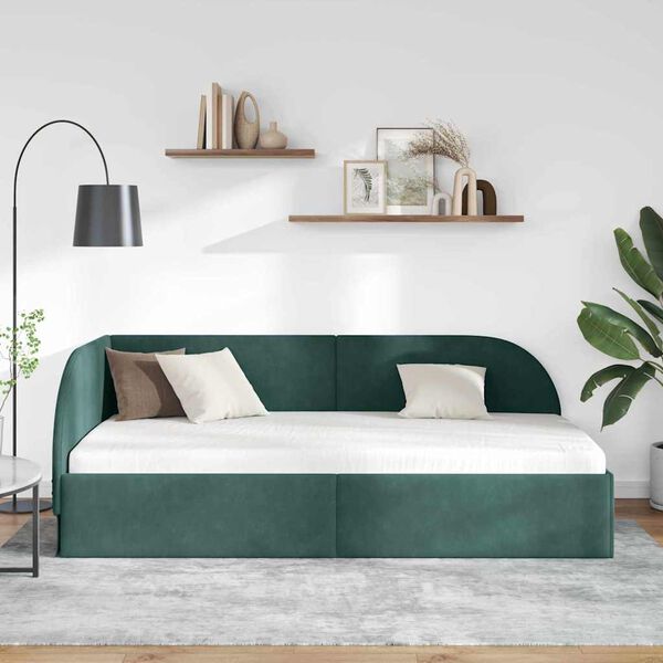 vidaXL Corner Bed Frame Dark Green 90 cm x 200 cm Velvet