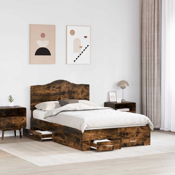 vidaXL Bed Frame with Drawer Smoked Oak 135 x 190 cm Engineered Wood