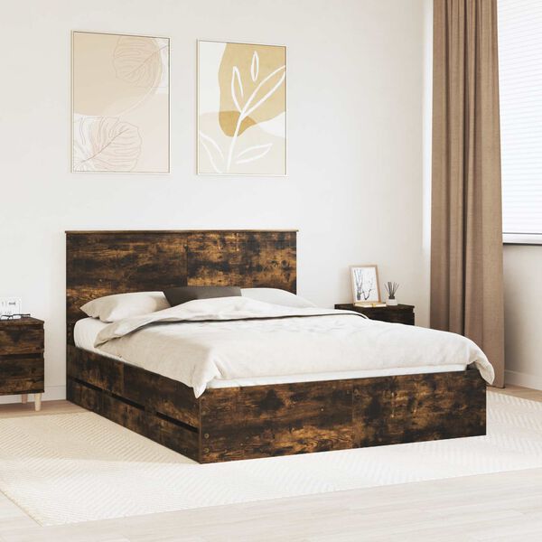 vidaXL Bed Frame with Headboard Smoked Oak 150 x 200 cm Engineer Wood