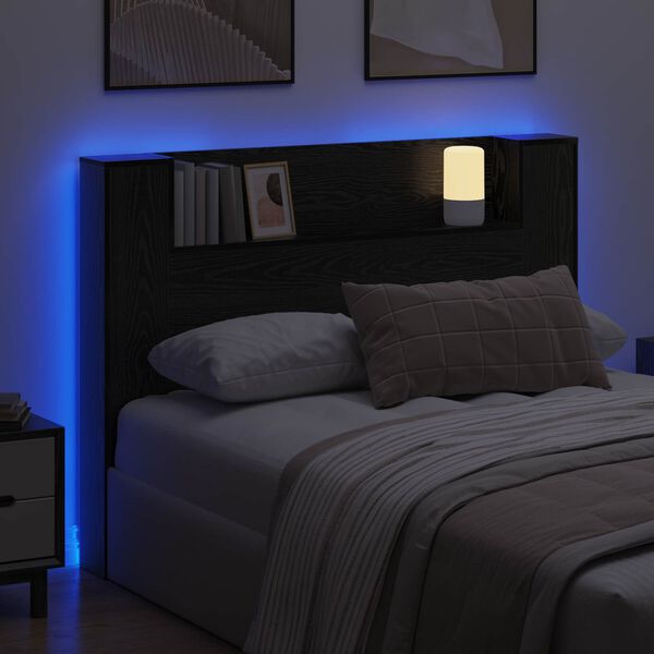 vidaXL Headboard Cabinet with LED Black Oak 140 x 16.5 x 103.5 cm