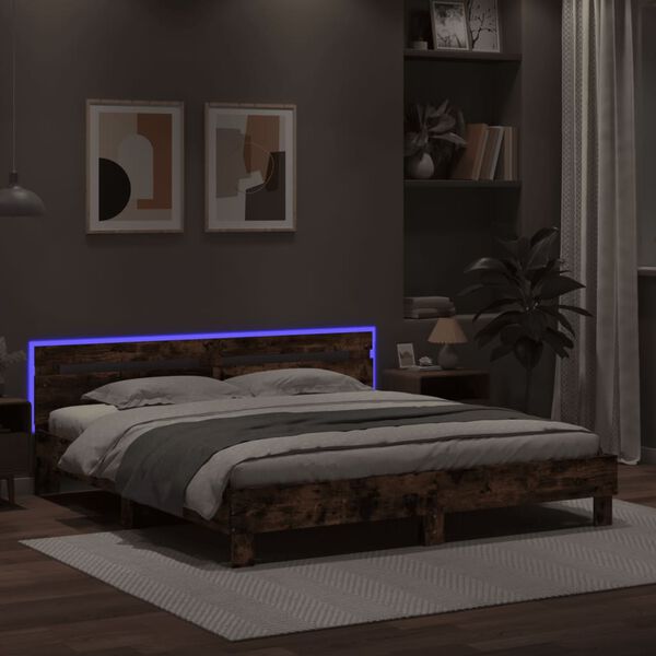 vidaXL Bed Frame with LED without Mattress Smoked Oak 160x200 cm