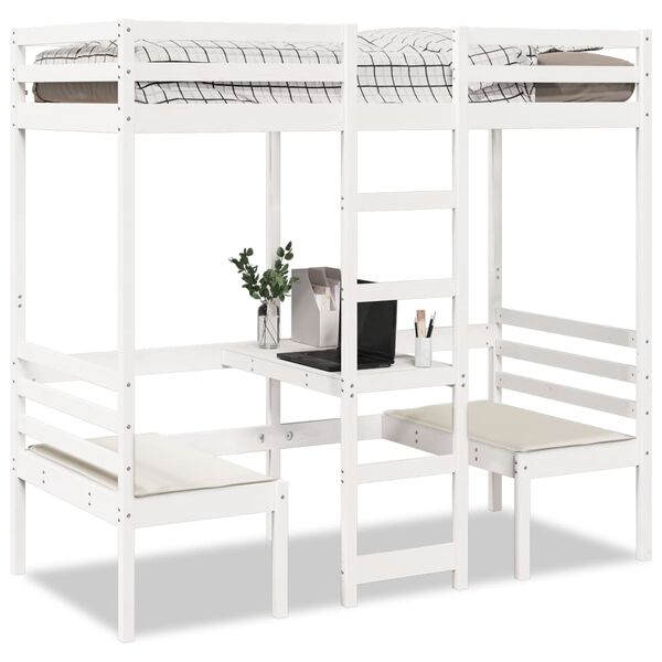 vidaXL Loft Bed Frame with Desk and Chairs White 90x190cm Solid Wood Pine
