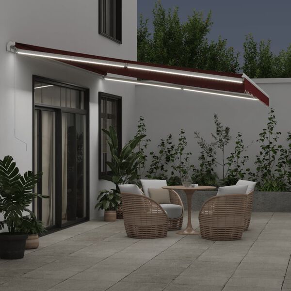 vidaXL Manual Retractable Awning with LED Burgundy 500x350 cm