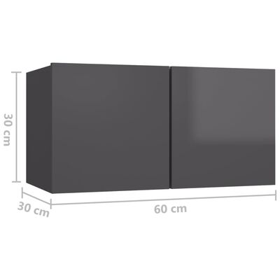 vidaXL Hanging TV Cabinets 3 pcs High Gloss Grey 60x30x30 cm