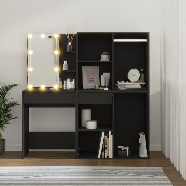 vidaXL LED Dressing Table with Cabinets Black Engineered Wood