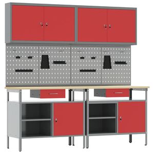 vidaXL Work Bench Set with Lock 8 pcs Red and Grey Powder-Coated Steel