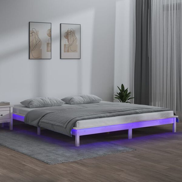 vidaXL LED Bed Frame without Mattress White 135x190 cm Double Double Solid Wood