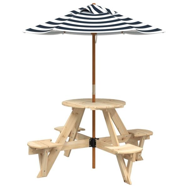 vidaXL Picnic Table for 4 Kids with Umbrella Round Solid Wood Fir