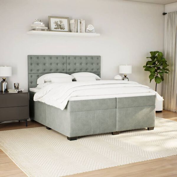 vidaXL Box Spring Bed with Mattress Light Grey 200x200 cm Velvet