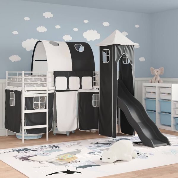 vidaXL Kids'Loft Bed Frame with Curtains, Arch, Slide, Tower