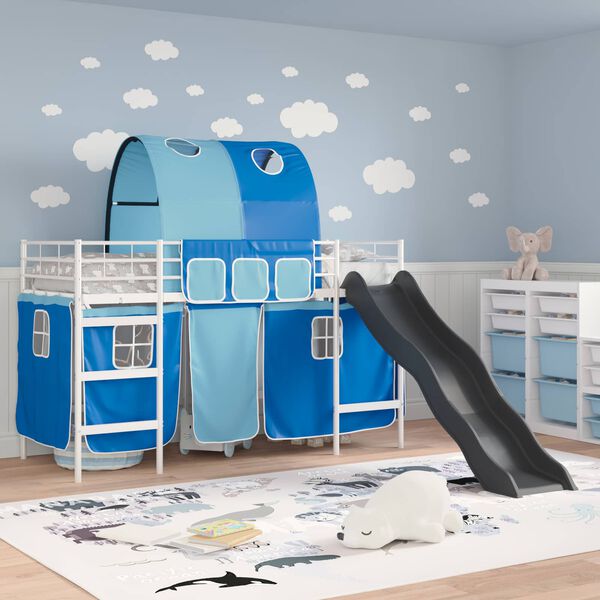 vidaXL Kids'Loft Bed Frame with Curtains, Arch, Slide White and Blue