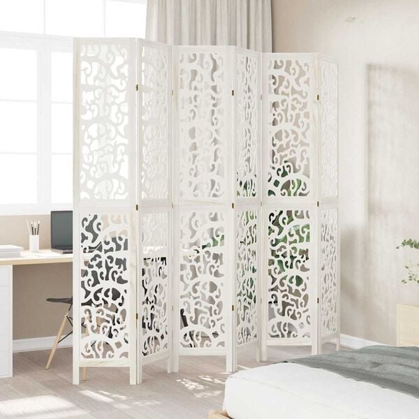 vidaXL Room Divider 6 Panels White Solid Wood Paulownia