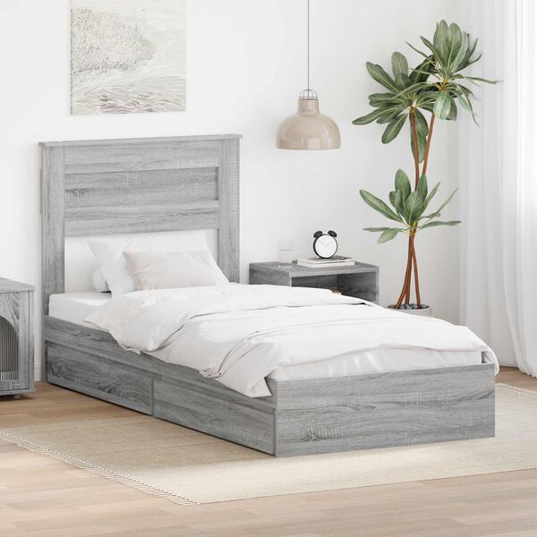 vidaXL Storage Bed with Drawer Grey Sonoma 90 x 200 cm Engineered Wood
