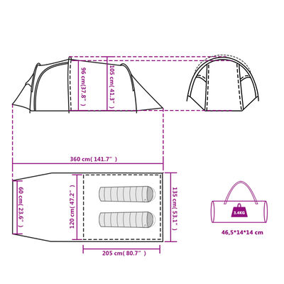 vidaXL Camping Tent 4 Persons Blue 360x135x105 cm 185T Taffeta