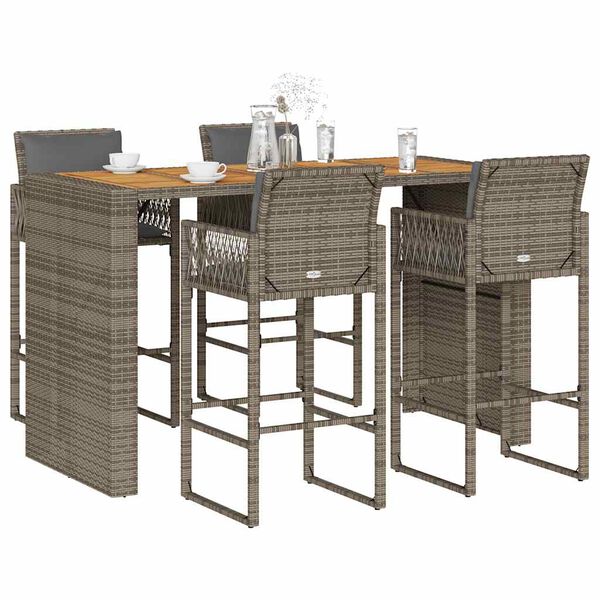 vidaXL 5 Piece Garden Bar Set with Cushions Grey Poly Rattan Acacia