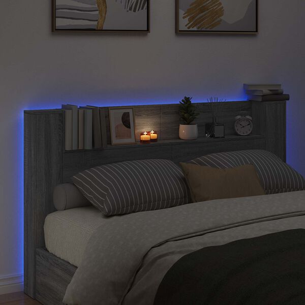 vidaXL Headboard Cabinet with LED Grey Sonoma 180 x 16.5 x 103.5 cm