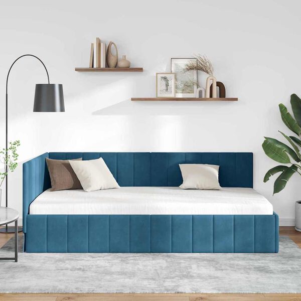 vidaXL Corner Bed Frame with Headboard Blue 100 cm x 200 cm Velvet