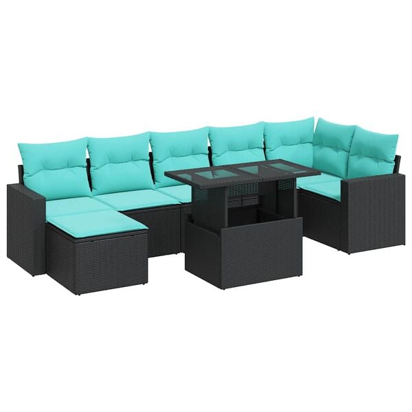 vidaXL 8 Piece Garden Sofa Set with Cushions Black Poly Rattan Acacia