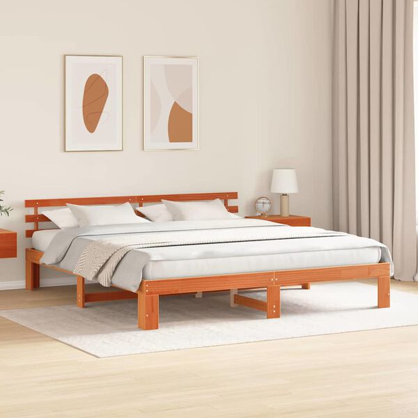 vidaXL Bed Frame with Headboard Wax Brown 200 x 200 cm Solid Pine Wood