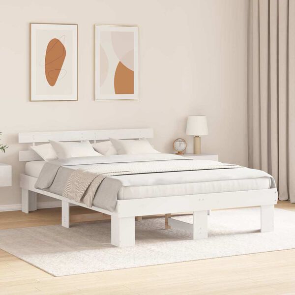 vidaXL Bed Frame with Headboard White 140 x 200 cm Solid Pine Wood