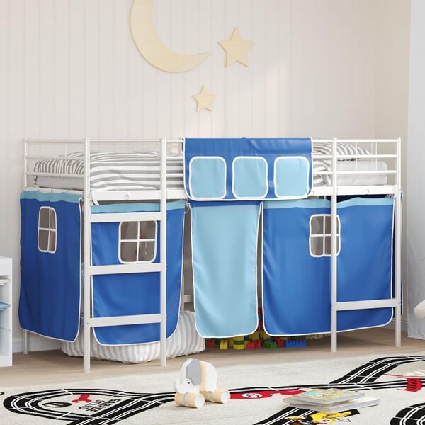 vidaXL Kids'Loft Bed Frame with Curtains White and Blue 99.5 x 190 cm