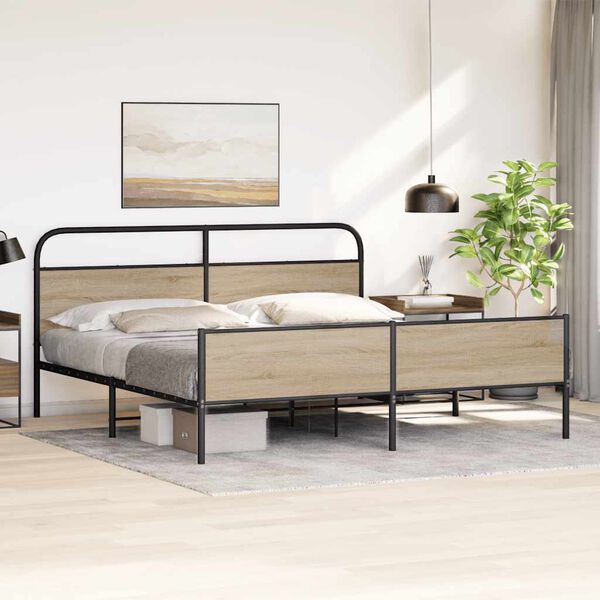 vidaXL Metal Bed Frame without Mattress Smoked Oak 150x200 cm King Size