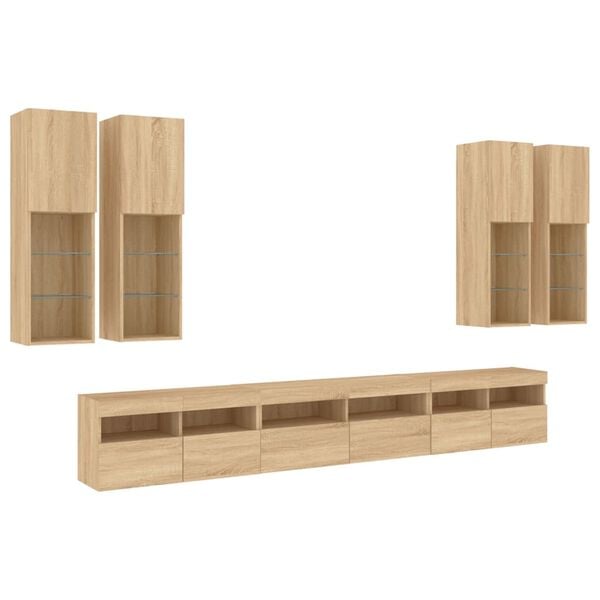 vidaXL 7 Piece TV Wall Cabinet Set with LED Lights Sonoma Oak