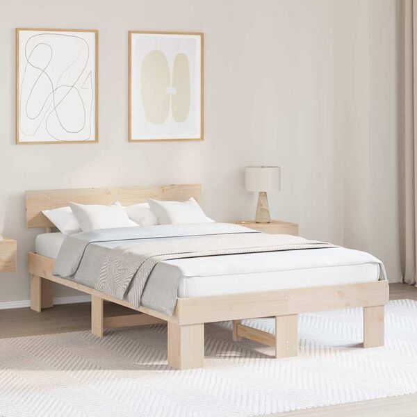 vidaXL Bed Frame with Headboard Natural 120 x 190 cm Solid Pine Wood