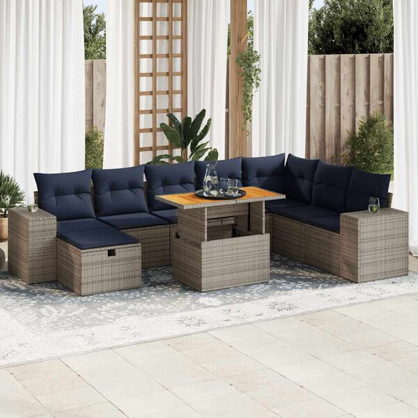 vidaXL 9 Piece Garden Sofa Set with Cushions Grey Poly Rattan Acacia