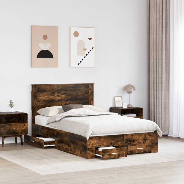 vidaXL Bed Frame with Drawer Smoked Oak 135 x 190 cm Engineered Wood