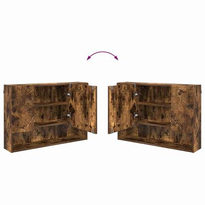 Two rustic brown wall-mounted cabinets opened to show storage shelves inside