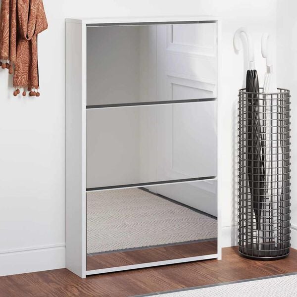 vidaXL Shoe Cabinet with Mirror 3-Layer High Gloss White 63x17x102.5 cm