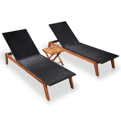 vidaXL Sun Loungers 2 pcs with Table Poly Rattan and Solid Acacia Wood