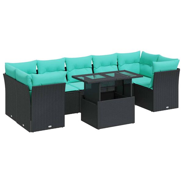 vidaXL 8 Piece Garden Sofa Set with Cushions Black Poly Rattan Acacia
