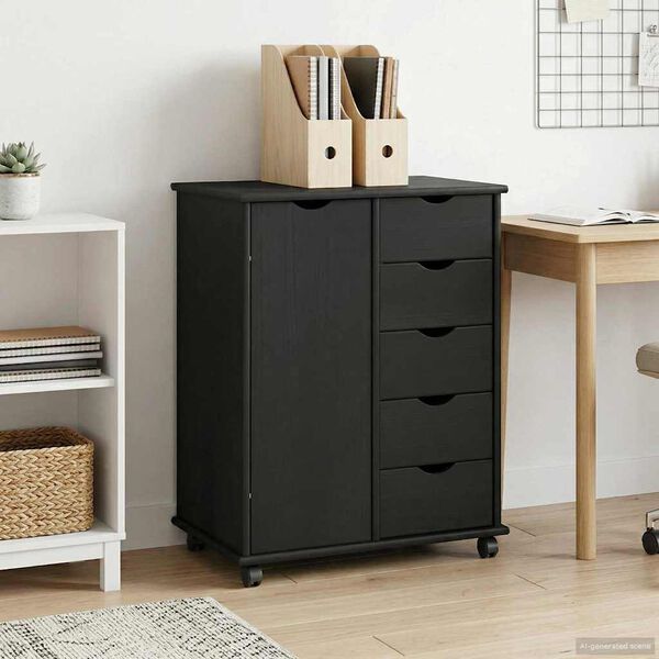 vidaXL Rolling Cabinet Black 63.5 x 39 x 79 cm Solid Pine Wood