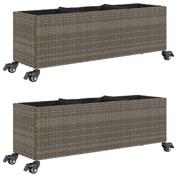 vidaXL Garden Planters with Wheels 2 pcs Grey 107x32x38 cm Poly Rattan