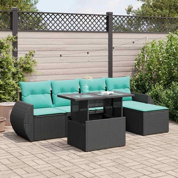 vidaXL 6 Piece Garden Sofa Set with Cushions Black Poly Rattan Acacia
